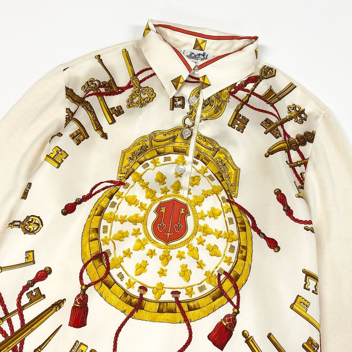 @S Ed7 HERMES Silk Long Sleeve Polo Shirt Size S White Women's POLO MANCHES LONGUESta1