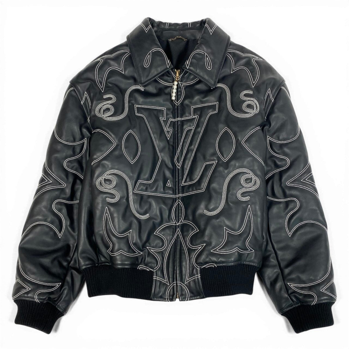 @d2 Louis Vuitton Embroidered Leather Bomber Jacket Black Size 52 Rare Men's Cowhide LVt18r