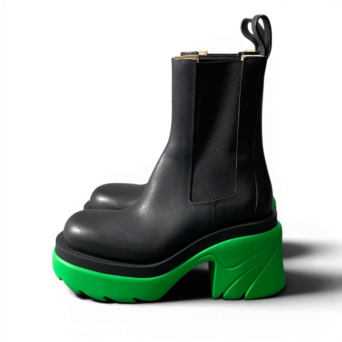 @e4 BOTTEGA VENETA Flash Chelsea Boots Black Green Leather Side Gore Platform Ankle Boots Size 37 Women’s Italyo07t