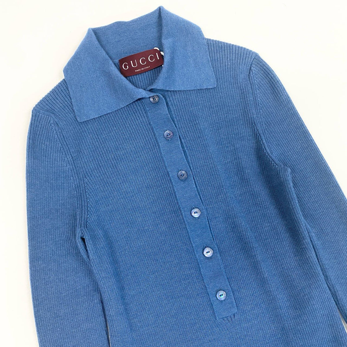 I@ Ab13 GUCCI 2026 Cashmere Silk Polo Knit Blue XS Web Stripe Womenta1