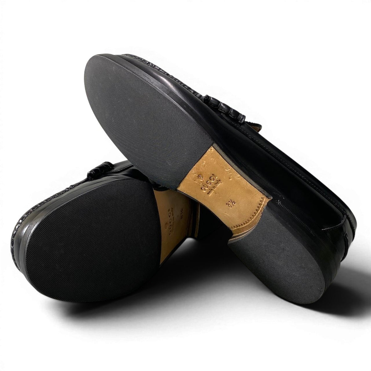 @e4 GUCCI Interlocking GG Logo Loafers Black Leather Slip On Dress Shoes 738470 Size 8.5 Men’s Italyo07t