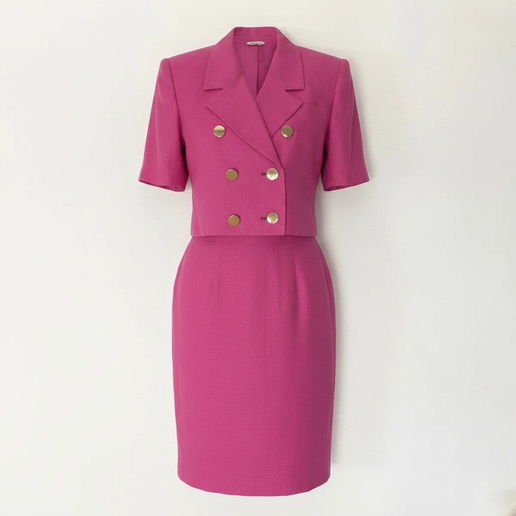 @Eg8 YVES SAINT LAURENT Double Breasted Skirt Suit Set Gold Button Pink Linen Size M Women'so07t