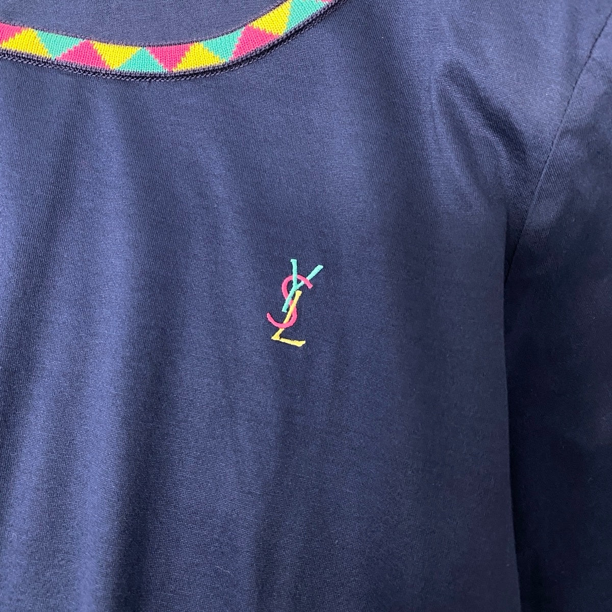 @If11 Yves Saint Laurent YSL Logo Embroidered T-Shirt Navy Size M Women’so07t