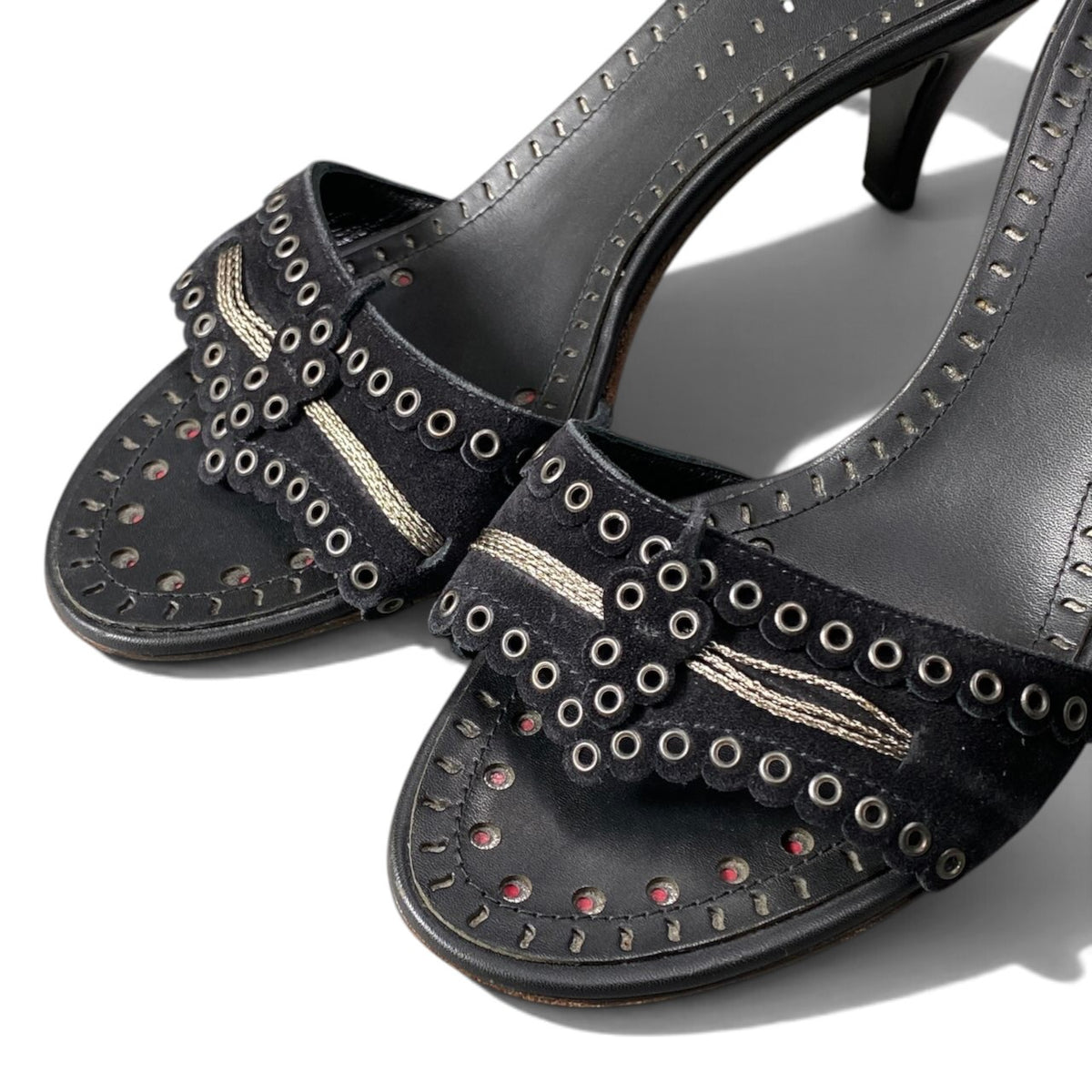 h12 CHANEL Eyelet Stud Kitten Heel Mule Sandals Size 36.5 Women'sk02i