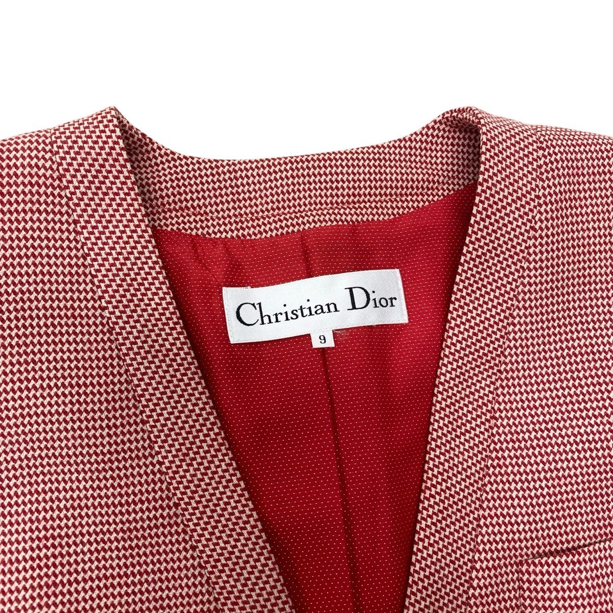 K Eh10 Christian Dior Collarless Wool Jacket All Over Pattern Size 9 Red White Women o07t