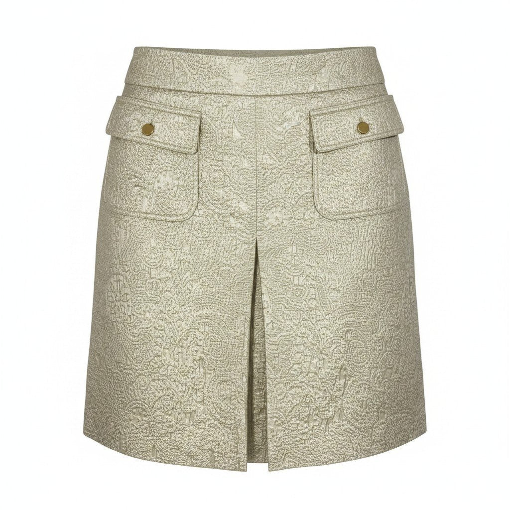 @Ed18 DOLCE&GABBANA Jacquard Tight Skirt, Knee-Length, Front Pockets, Size 40, Ivory Gold, Women'su02t