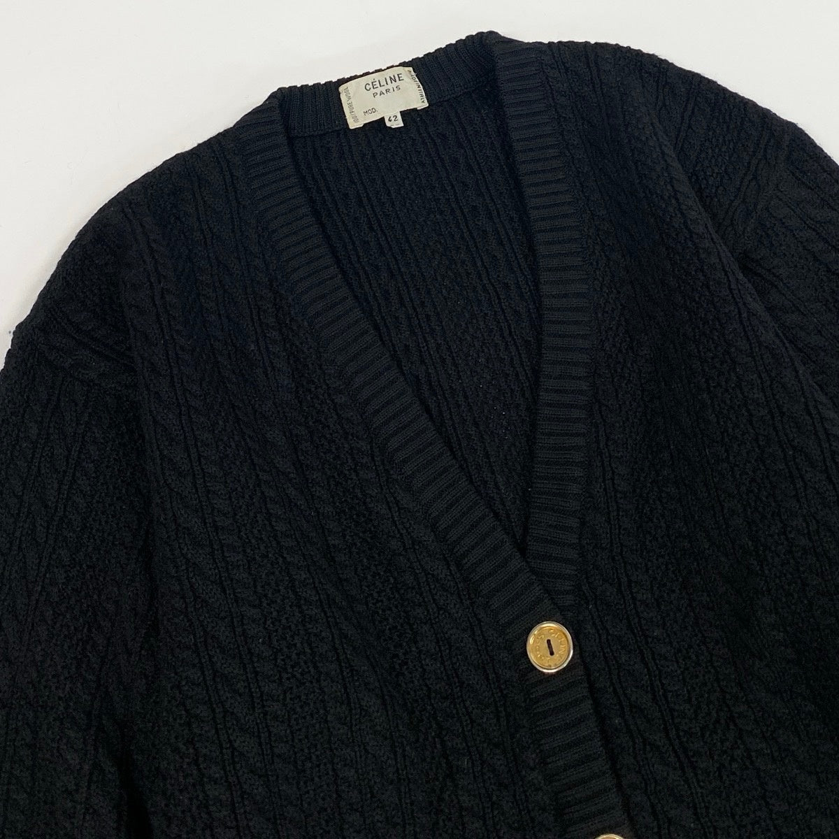 46f11 CELINE Vintage Knit Cardigan, Cable Knit, Gold Buttons, Size 42u02t