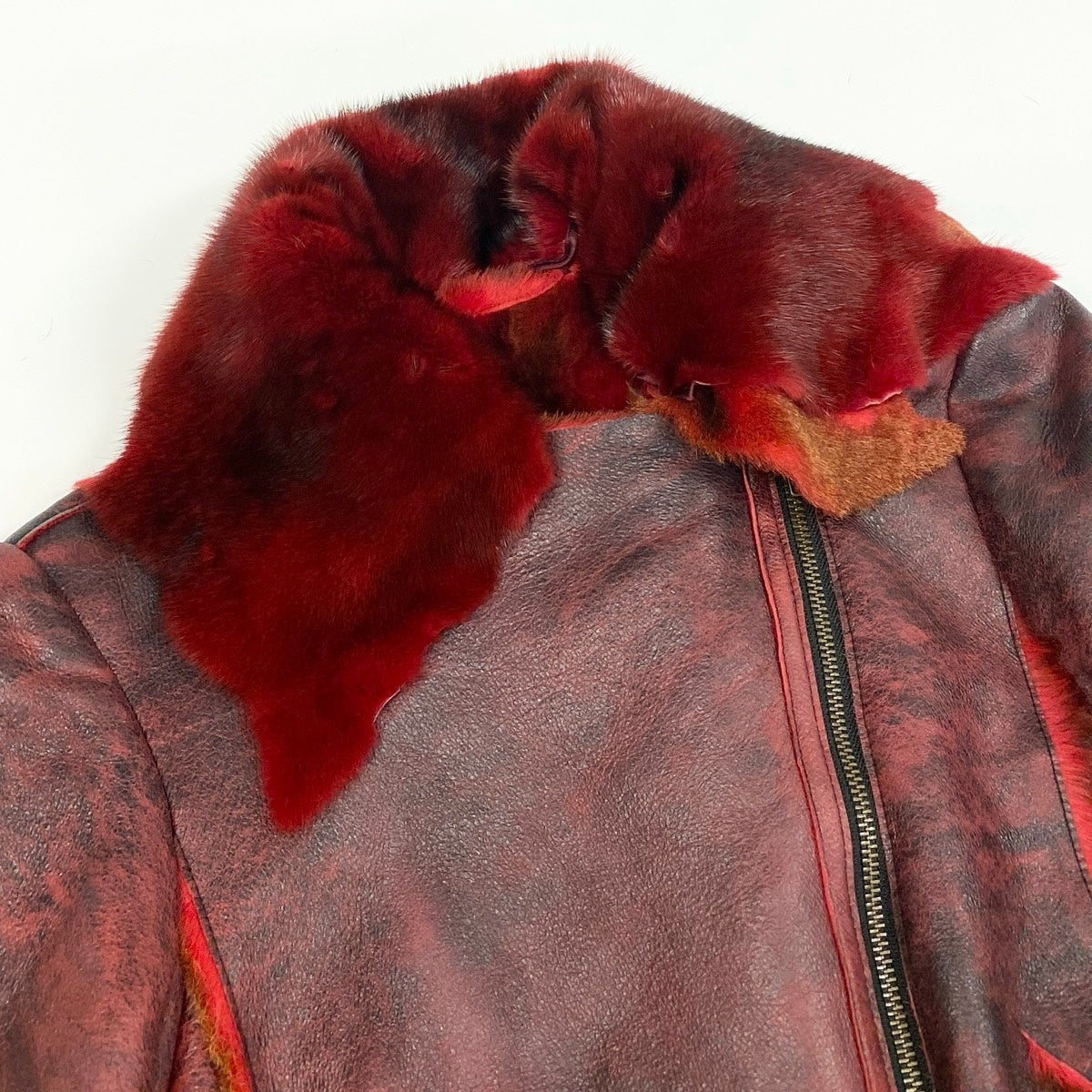 N Eh10 Leather Riders Jacket Shearling Mink Collar Double Zip Raw Edge Burgundy Women