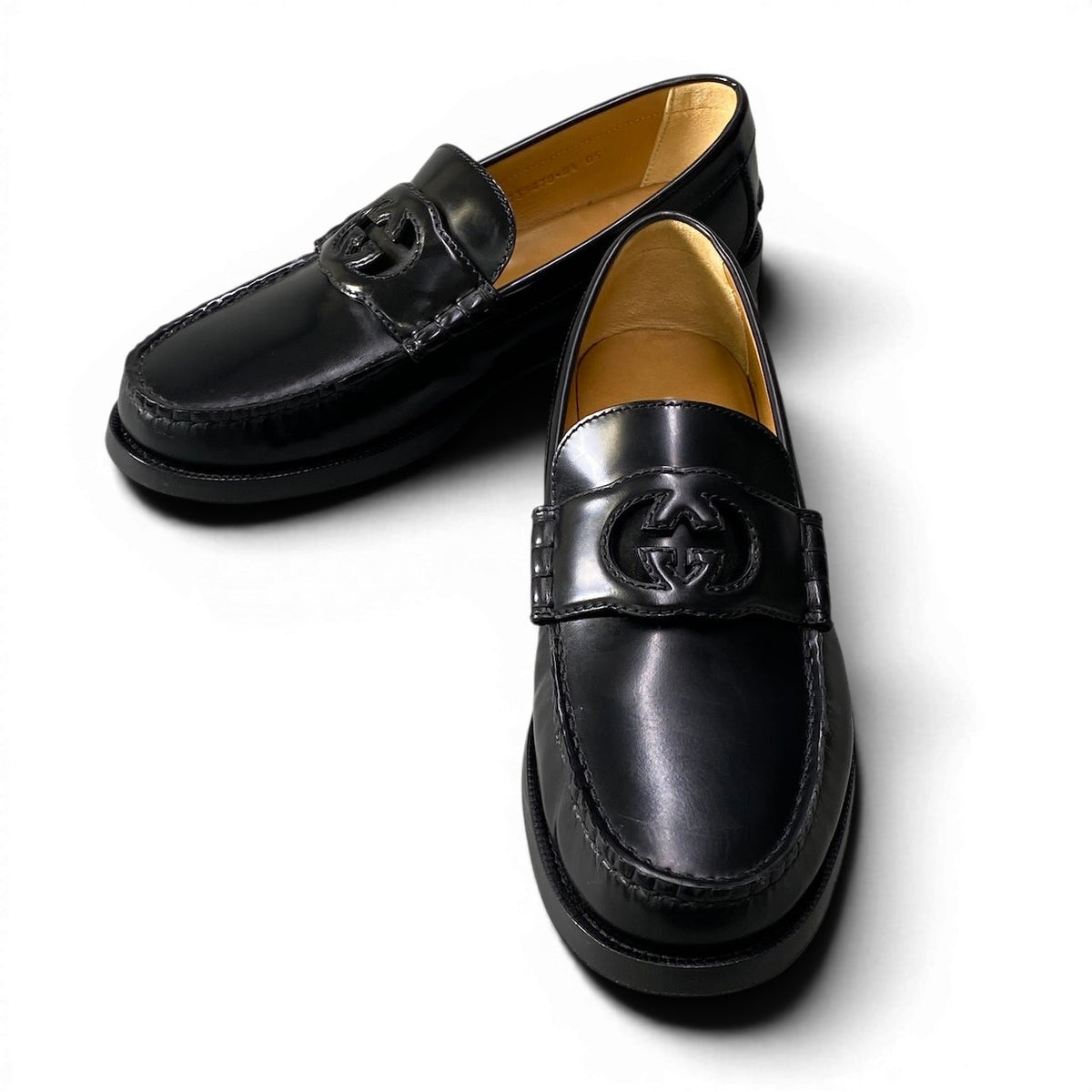 @e4 GUCCI Interlocking GG Logo Loafers Black Leather Slip On Dress Shoes 738470 Size 8.5 Men’s Italyo07t