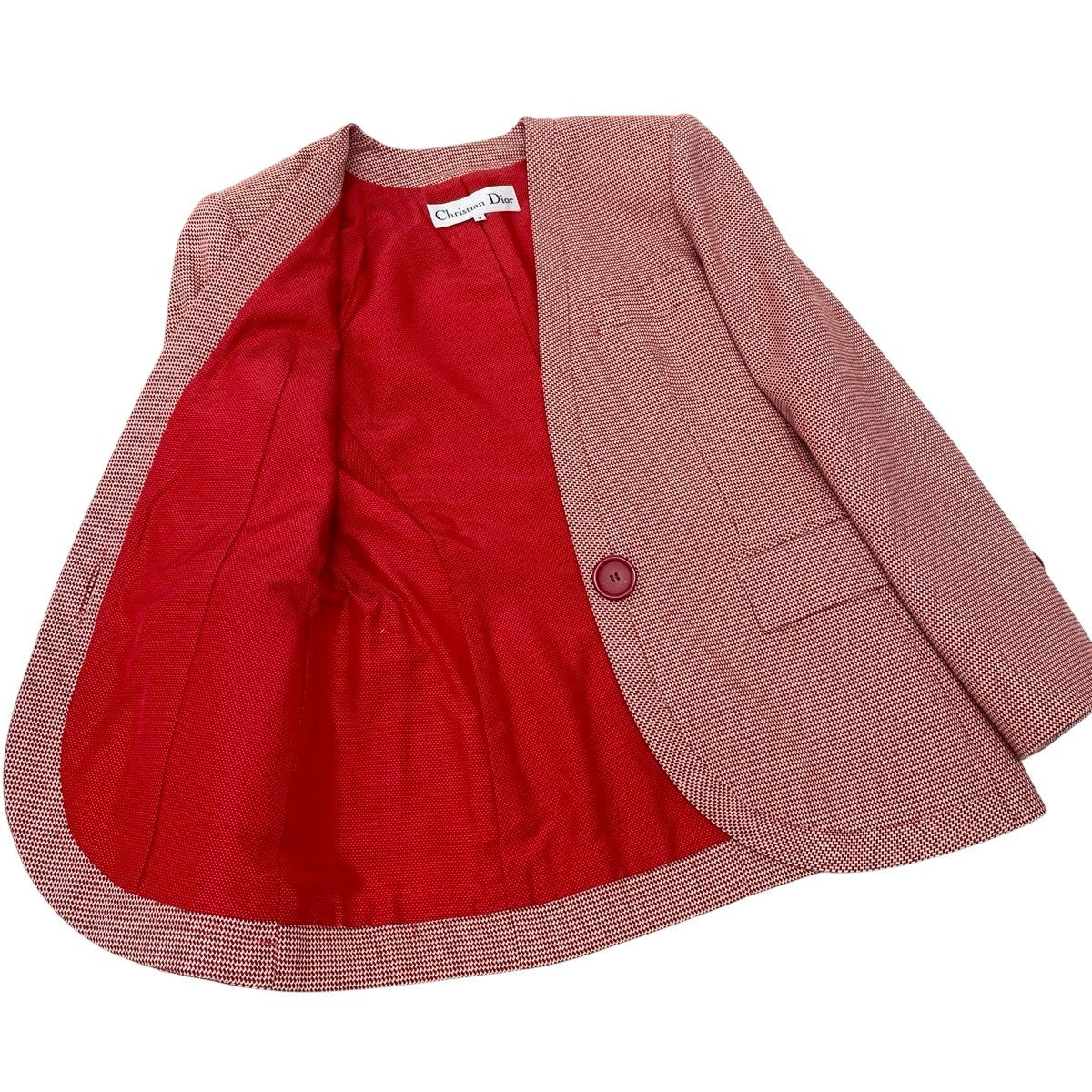 K Eh10 Christian Dior Collarless Wool Jacket All Over Pattern Size 9 Red White Women o07t