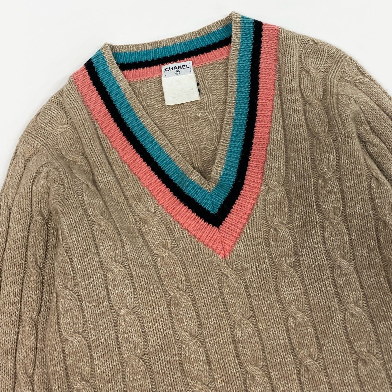 @ Cb9 CHANEL 1996 Cashmere School Knit Sweater Beige Coco Mark Size 42 Womenk02i