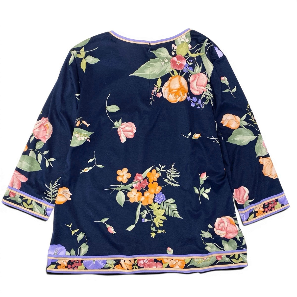 49g17 【美品】 LEONARD FASHION ロングスリーブ カットソー 美しい花柄プリント サイズ42 ネイビー コットン100% レディースu02t