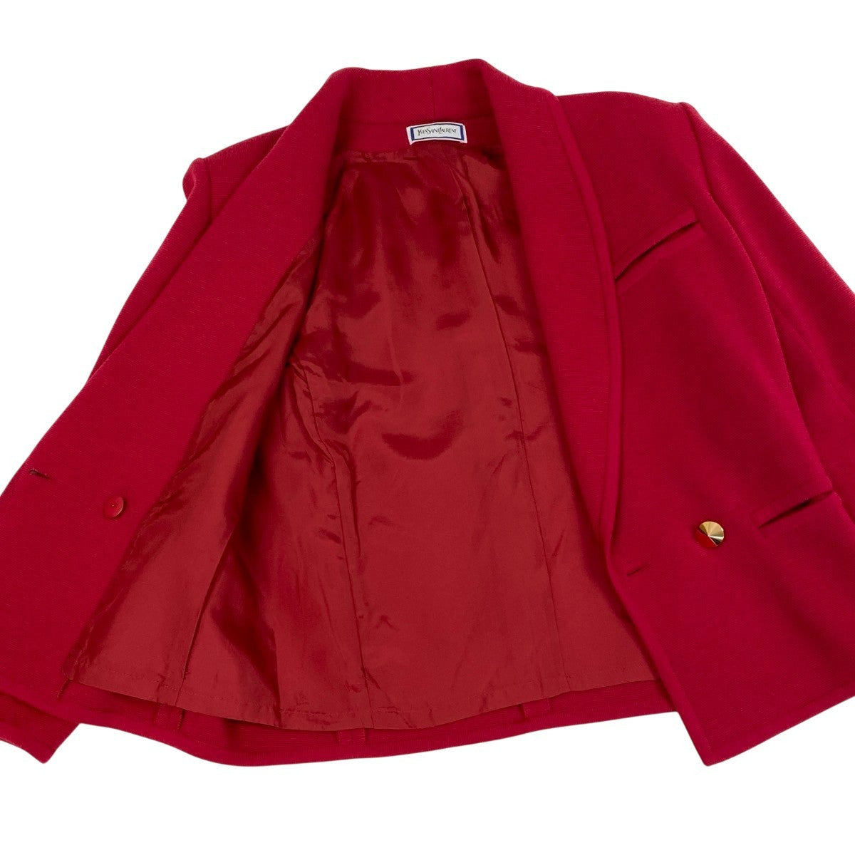 L Eh6 YVES SAINT LAURENT Skirt Suit Double Breasted Gold Button Knit Jacket Wool M Red Women o07t