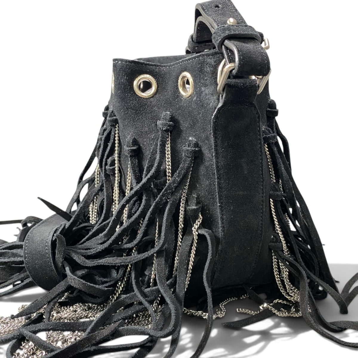 h21 SAINT LAURENT Fringe × Chain Bucket Shoulder Bag Black Leathert18r