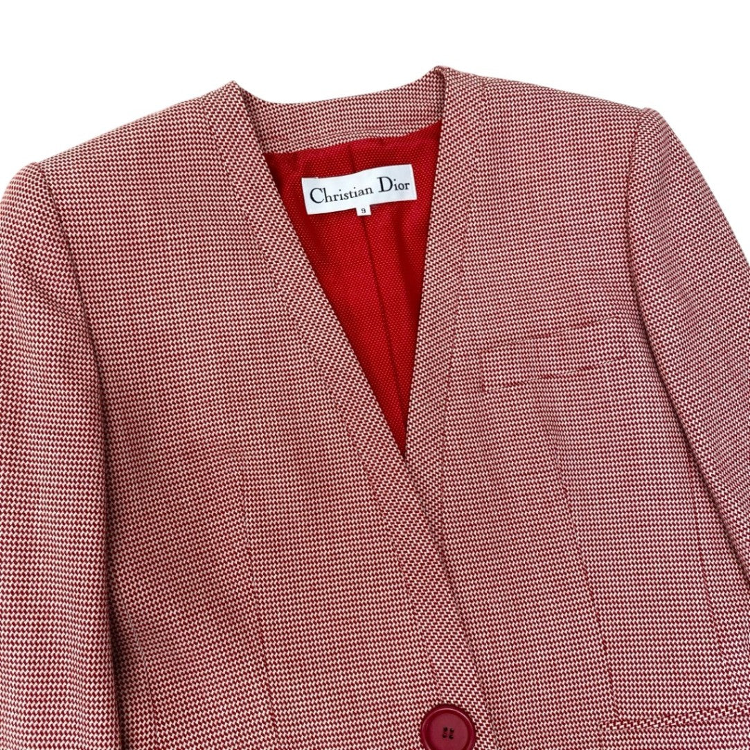 K Eh10 Christian Dior Collarless Wool Jacket All Over Pattern Size 9 Red White Women o07t