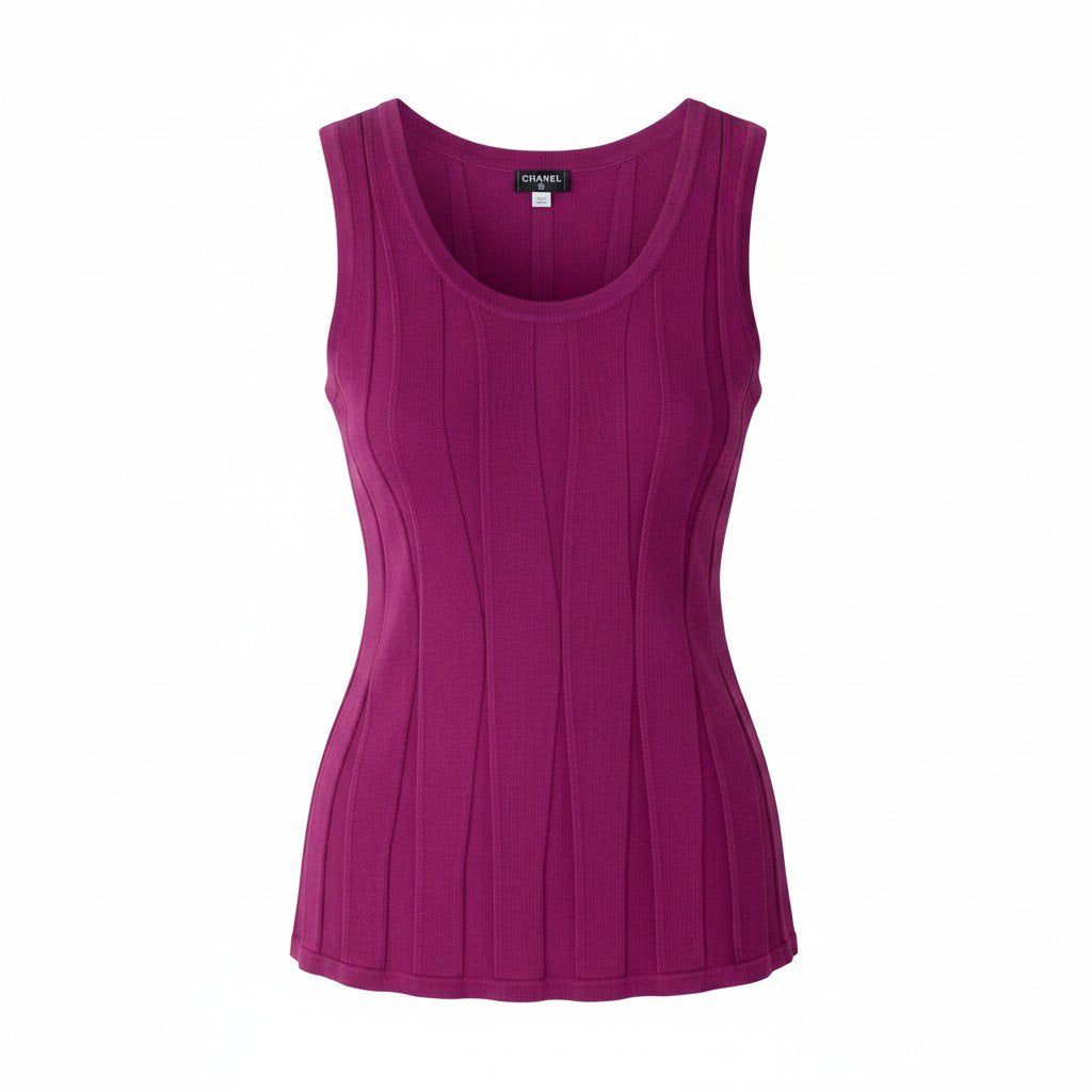 @Cf24 CHANEL CC Logo Rhinestone Rib Knit Sleeveless Top Purple Size 38 P43351o07t