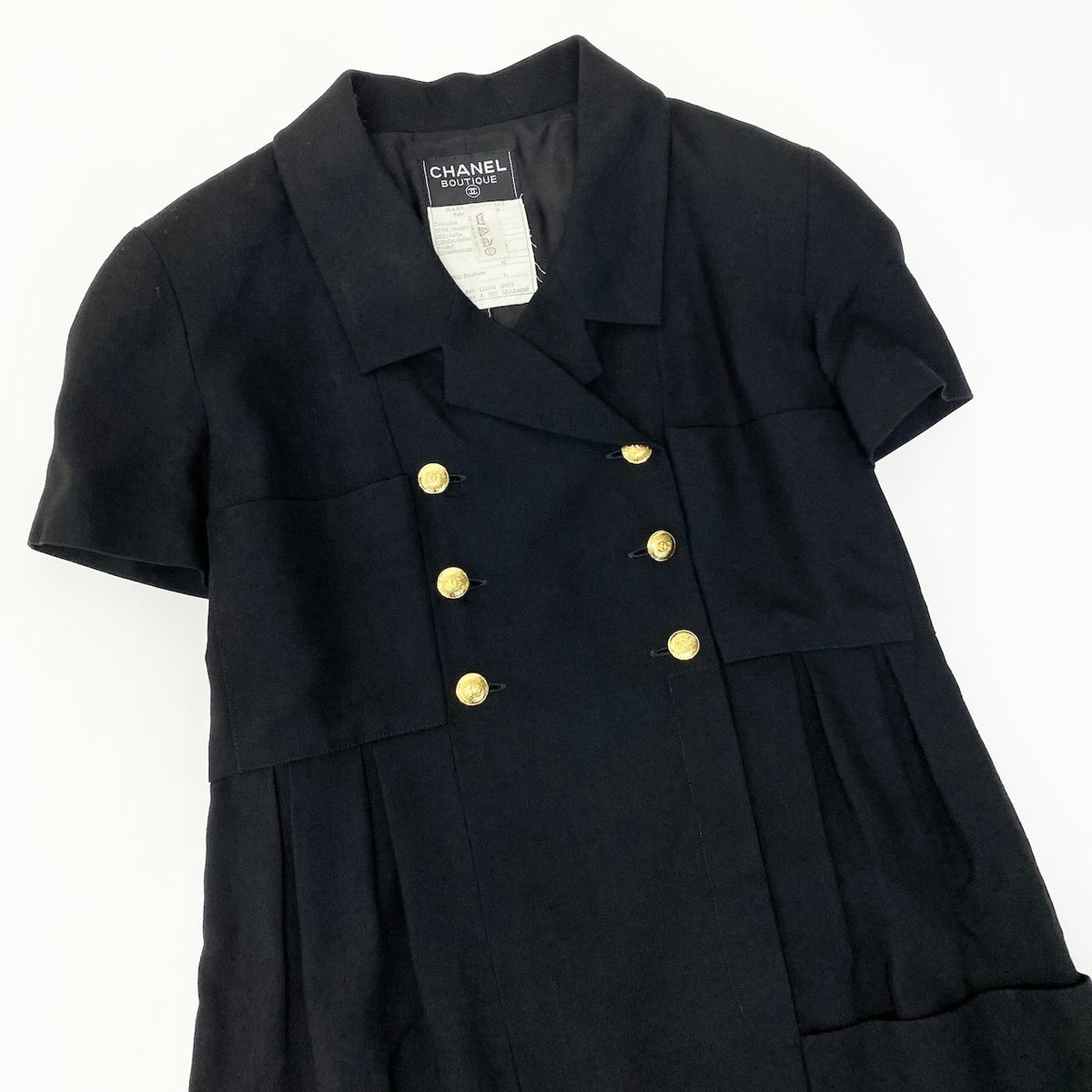 @C CHANEL 1990 VINTAGE Short Sleeve Dress Coco Mark Gold Button Black Size 42 Women Model 23079nu1