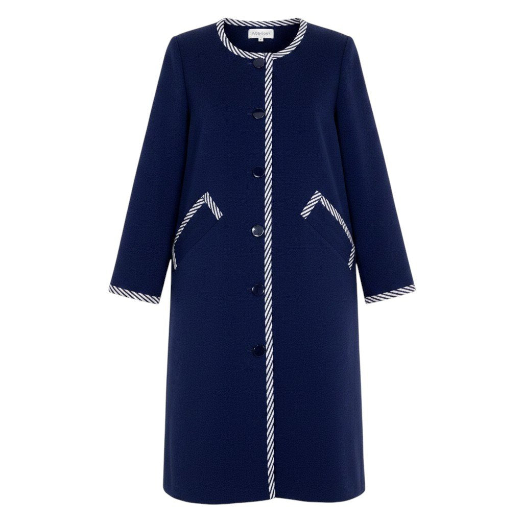 @M Eg11YVES SAINT LAURENT Collarless Striped Knit Coat Size L Navy Women o07t