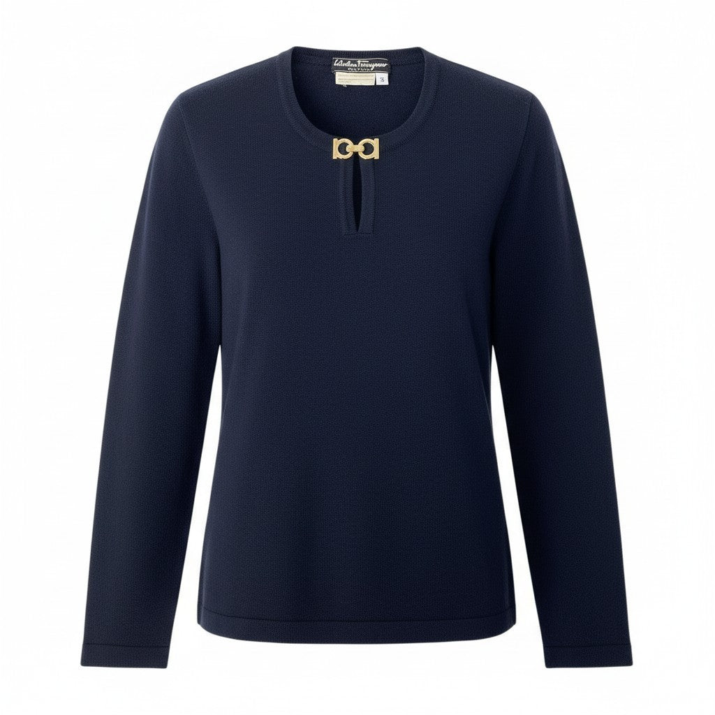 @S Id2 Salvatore Ferragamo Gancini Long Sleeve Knit Sweater Size S Navy Wool 100% Women's Italyu02t