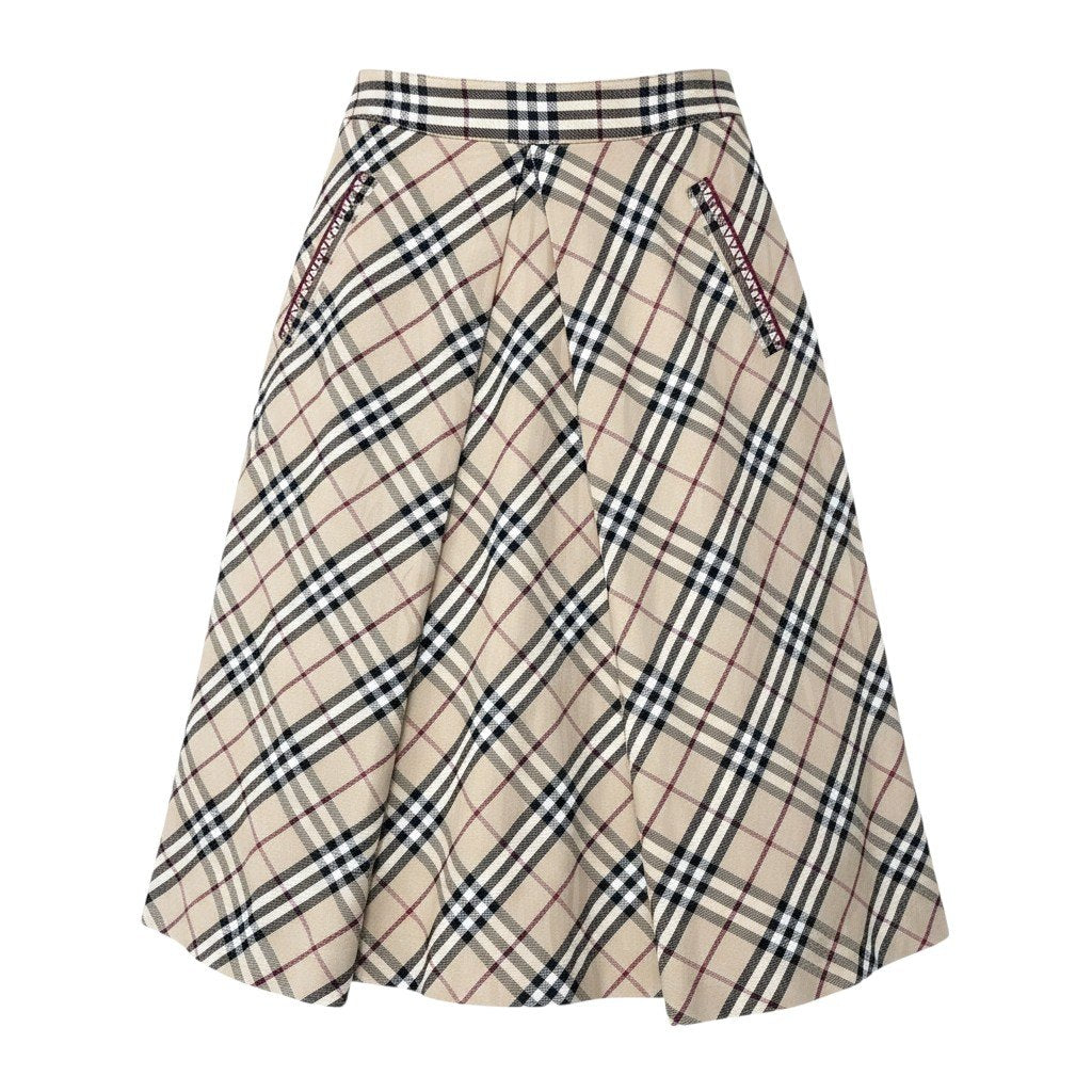 @Ig6 Burberry London Blue Label Nova Check Flare Knee Skirt Beige Size 34 FL525-400 Women'so07t