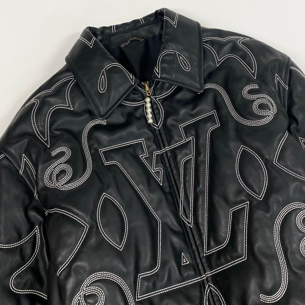 @d2 Louis Vuitton Embroidered Leather Bomber Jacket Black Size 52 Rare Men's Cowhide LVt18r