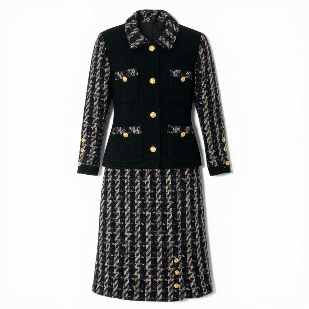 @C CHANEL Vintage 90s Skirt Suit Set Black Tweed Blue Plaidnu1