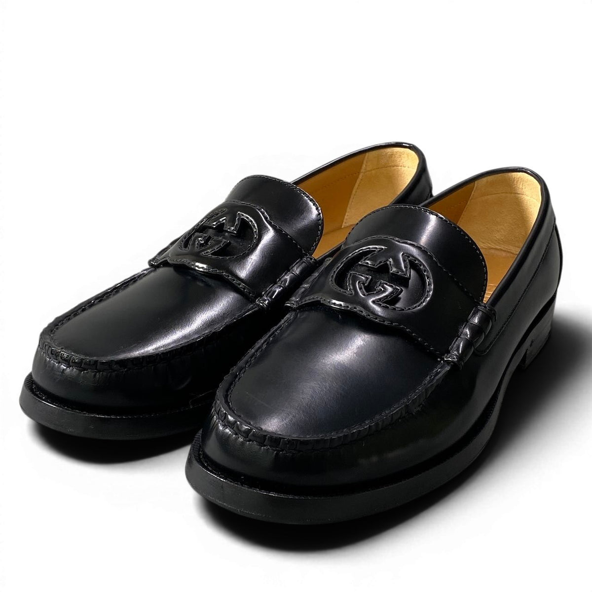 @e4 GUCCI Interlocking GG Logo Loafers Black Leather Slip On Dress Shoes 738470 Size 8.5 Men’s Italyo07t