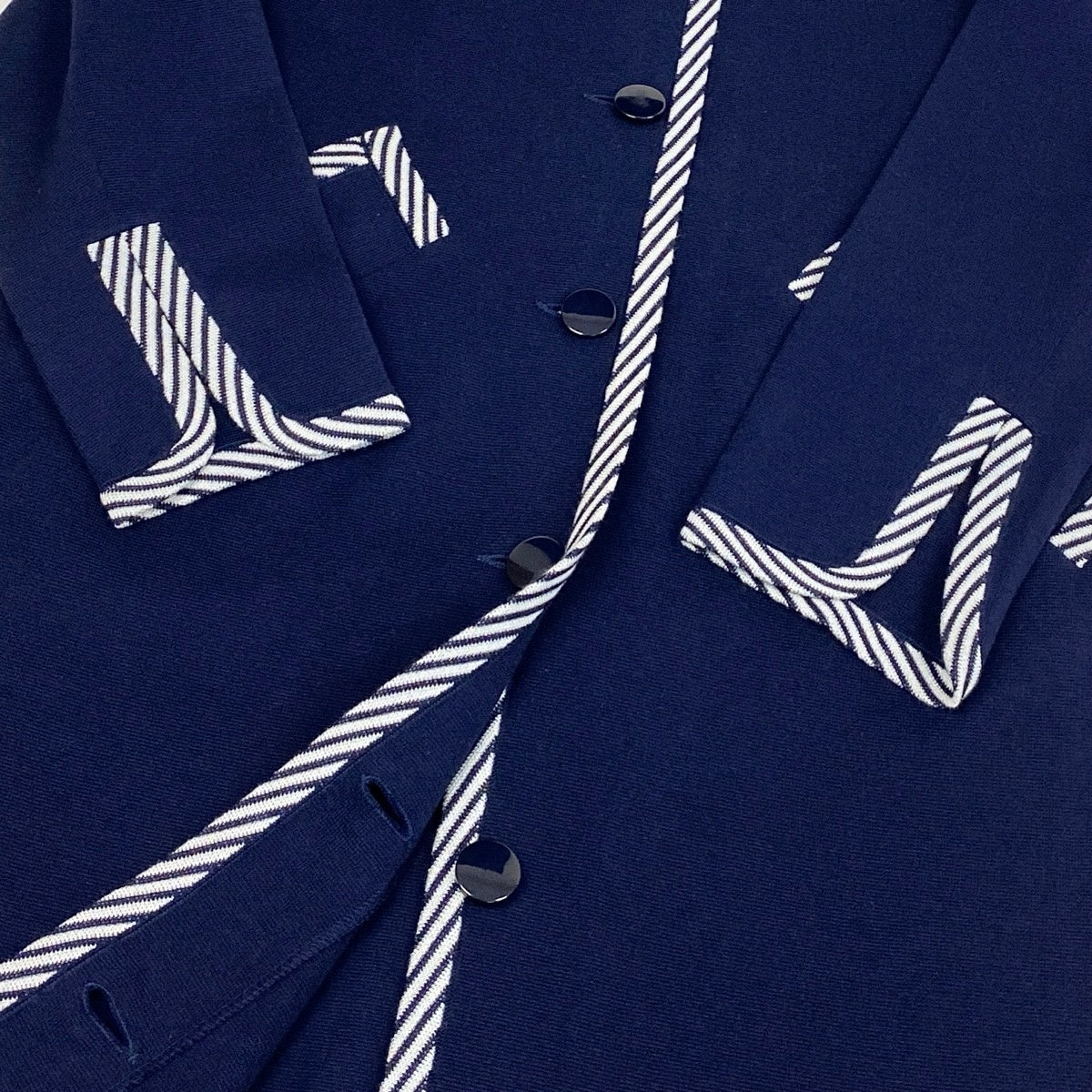 @M Eg11YVES SAINT LAURENT Collarless Striped Knit Coat Size L Navy Women o07t