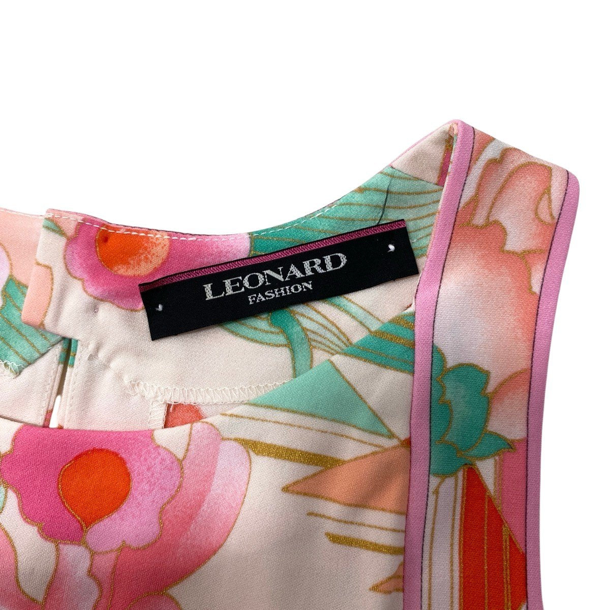 37g17 LEONARD FASHION レオナール ノースリーブ ドレスワンピース 美しい花柄プリント カンカン素材 サイズ2 ピンク系 レディース 女性用u02t