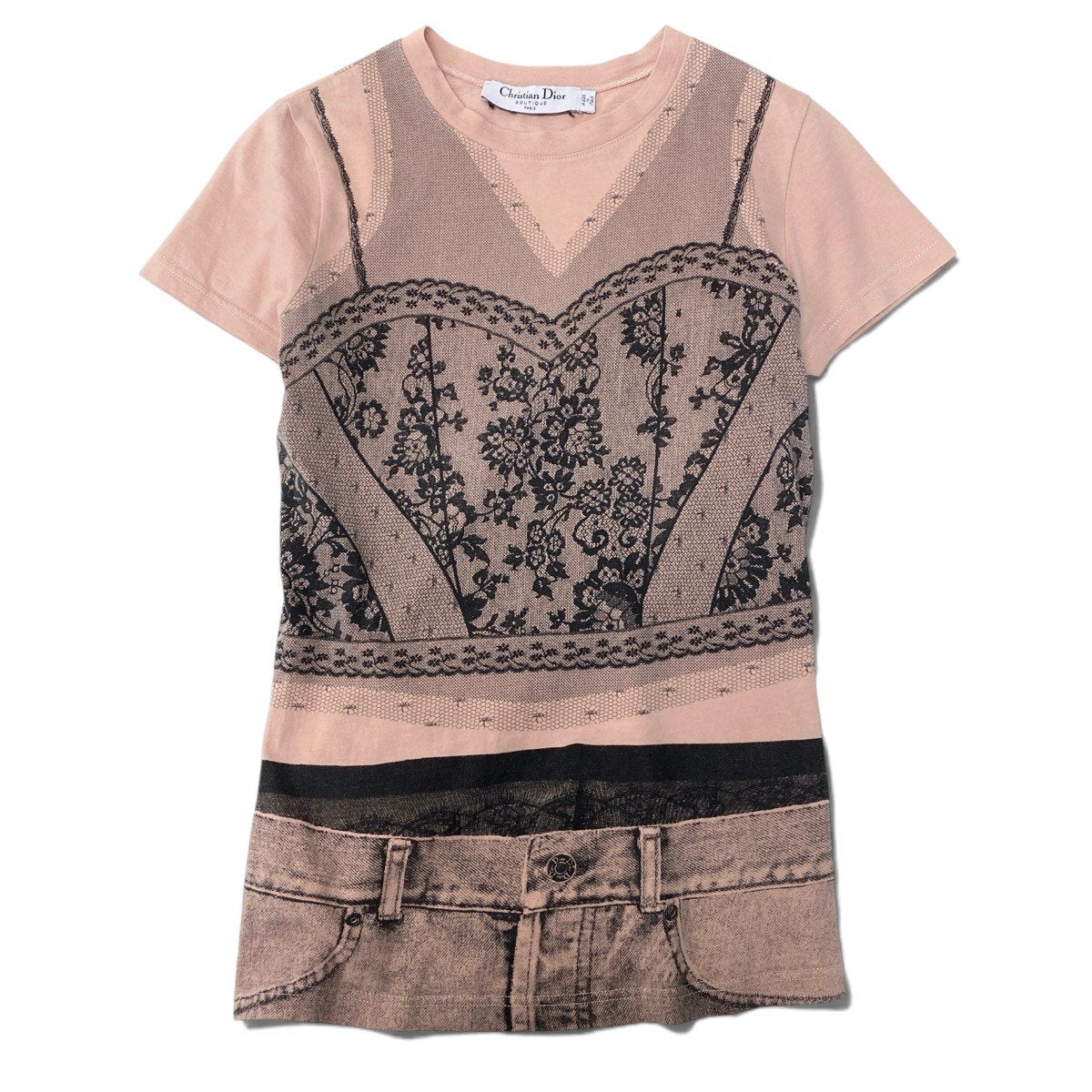 @Ih10 Christian Dior Short-Sleeve Top (2006 Galliano Era) – Trompe-l'œil Lace-Print Corset Style – Model 6E16155202 F36 – Pale Orange & Black – 100% Cotton – Women'su02t