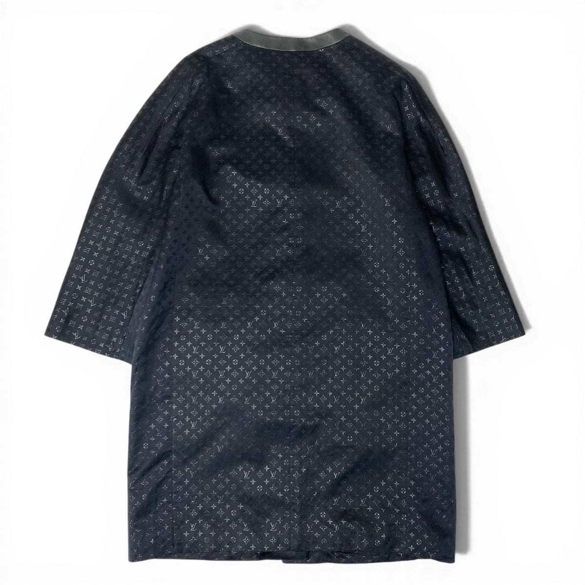 K @I LOUIS VUITTON Black Monogram Long Coat Leather Trimnu1