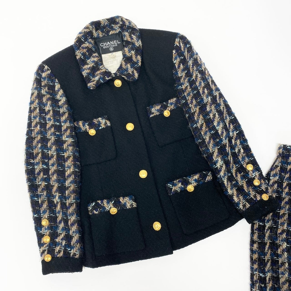 @C CHANEL Vintage 90s Skirt Suit Set Black Tweed Blue Plaidnu1