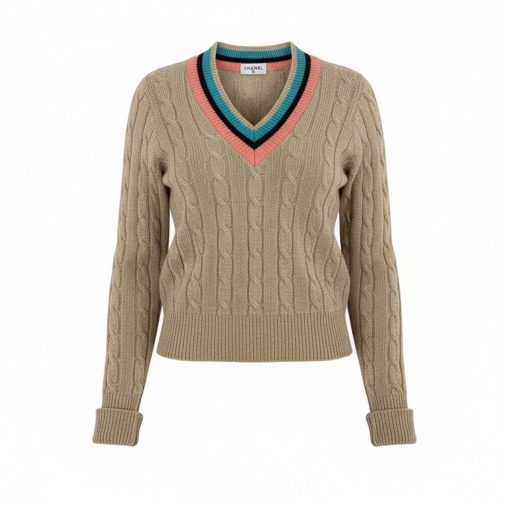 @ Cb9 CHANEL 1996 Cashmere School Knit Sweater Beige Coco Mark Size 42 Womenk02i