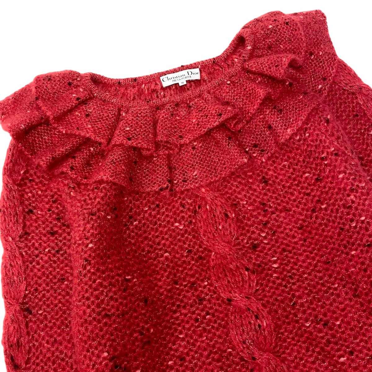 @D Eg6 Christian Dior Ruffle Neck Chunky Knit Wool Sweater Size M Red Women's