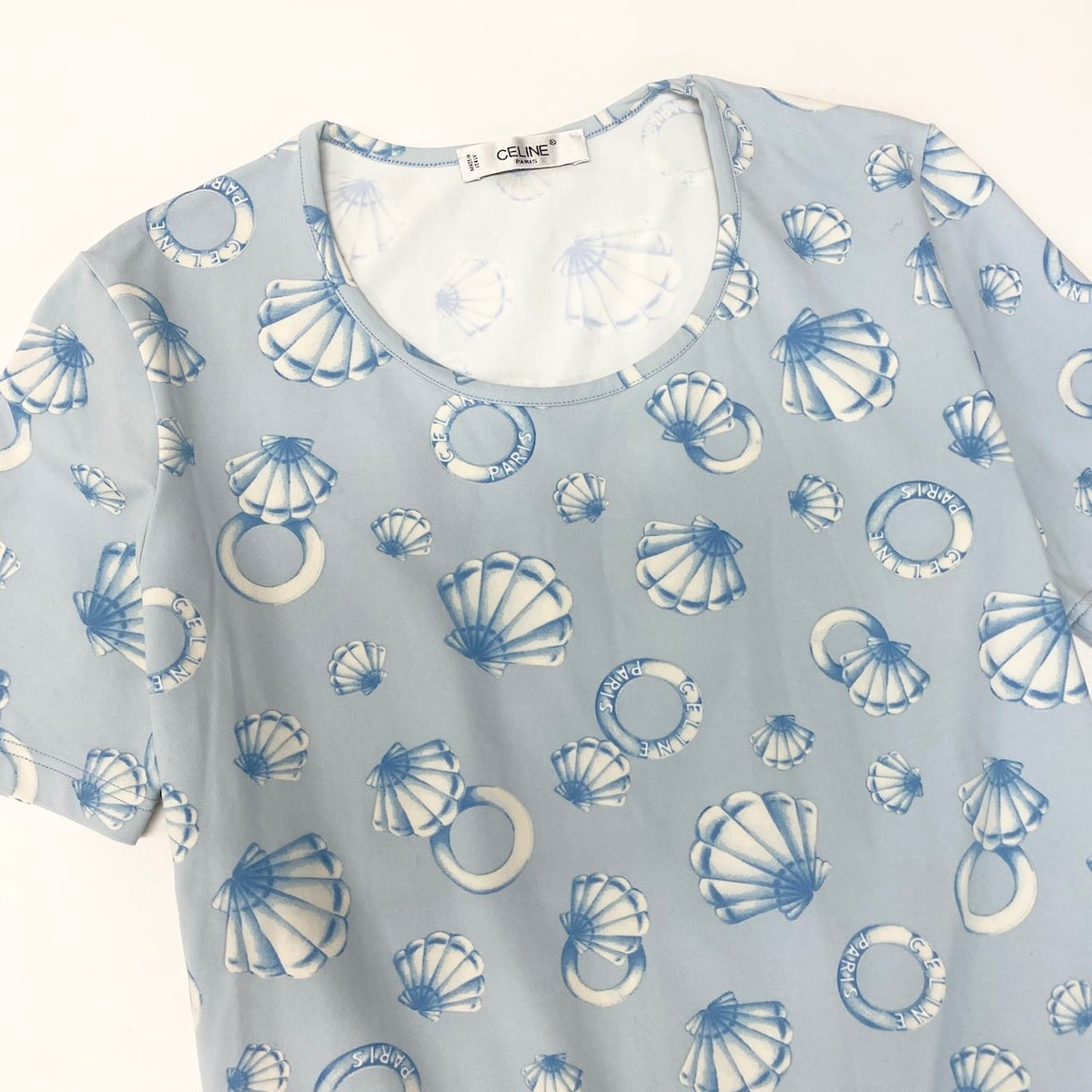 Ic30 CELINE セリーヌ マリン柄 半袖Tシャツ クルーネック カットソー 総柄 伸縮ストレッチ レディース 女性服 ライトブルーu02tu02tu02t