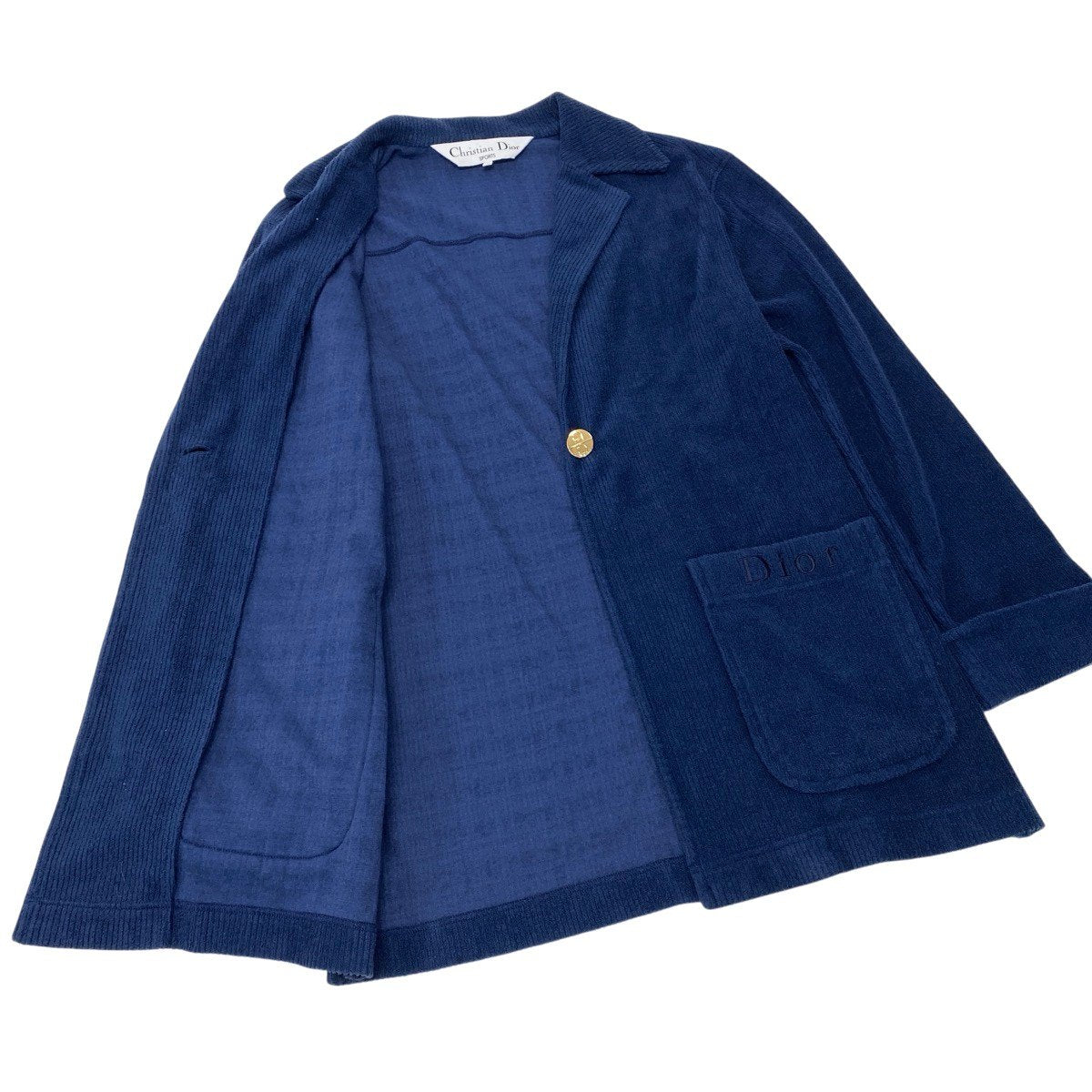 K Eh10 Christian Dior SPORT Chester Coat Rib Pile CD Logo Gold Buttons Size M Navy Women o07t