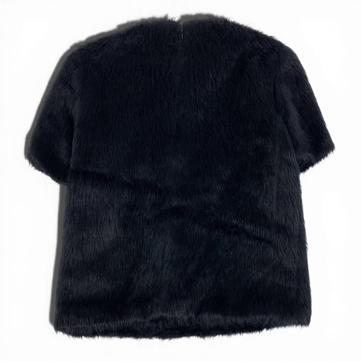 J@ Eb11 CELINE Phoebe-era alpaca wool blouse with fur trim, short sleeves, size 36, black, for womenk02i
