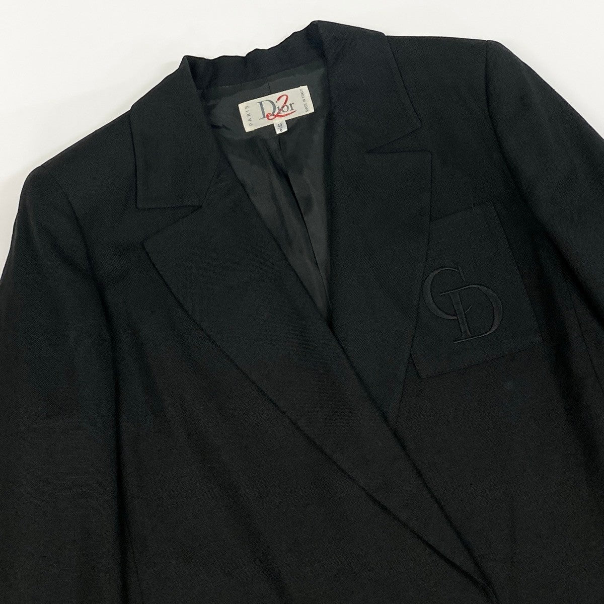 K Eh6Dior Double Breasted Tailored Jacket CD Logo Embroidery Linen Blend Size 40 Black Women o07t