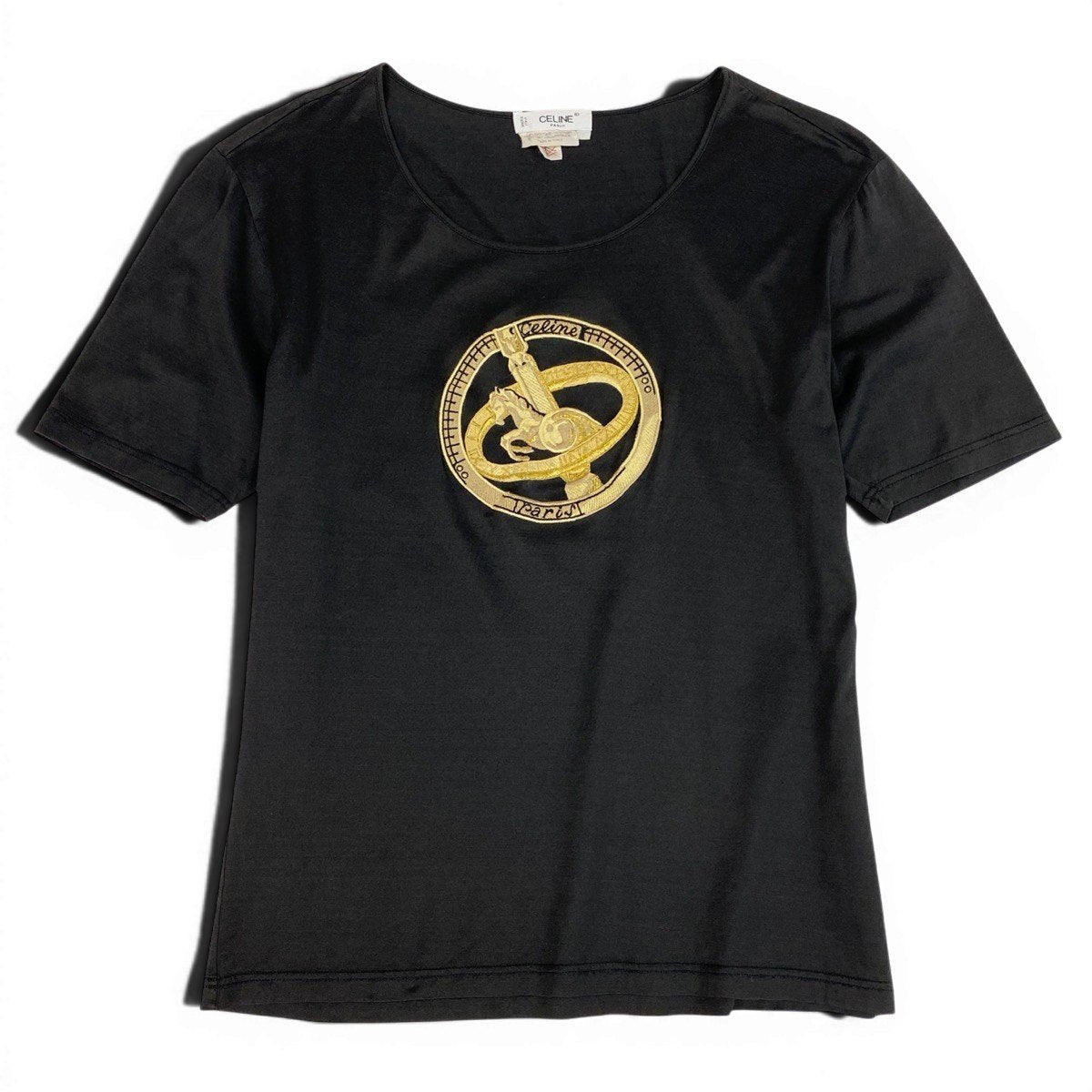@Ig16 CELINE Vintage Carriage Logo Embroidered T-Shirt Black Cotton Womeno07t
