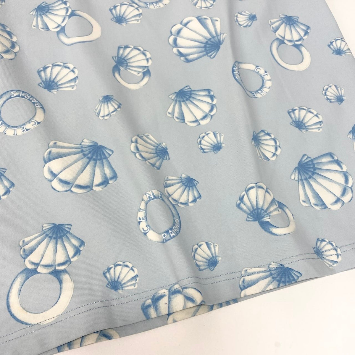 Ic30 CELINE セリーヌ マリン柄 半袖Tシャツ クルーネック カットソー 総柄 伸縮ストレッチ レディース 女性服 ライトブルーu02tu02tu02t