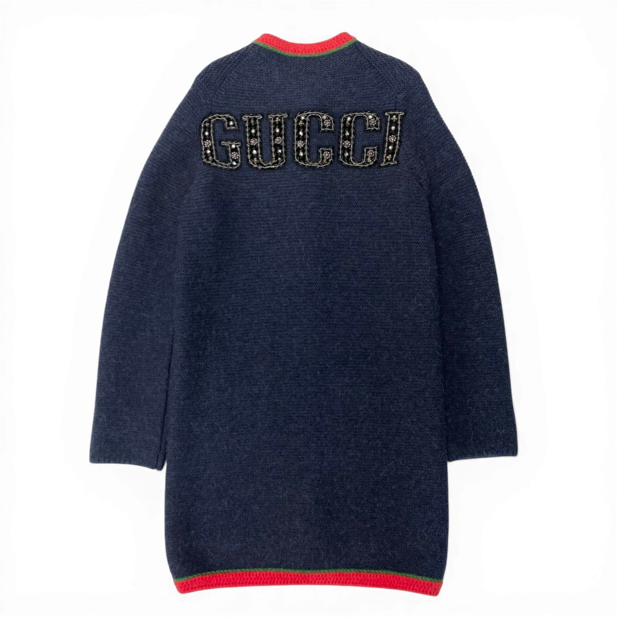 @S I GUCCI Wool Knit Long Cardigan Coat with Embroidered Logonu1