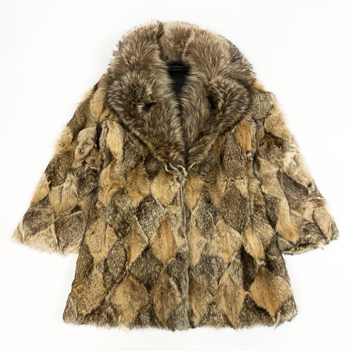 M Eh10 KINOSHITA Raccoon Fur Patchwork Long Coat Real Fur Brown Women u02t