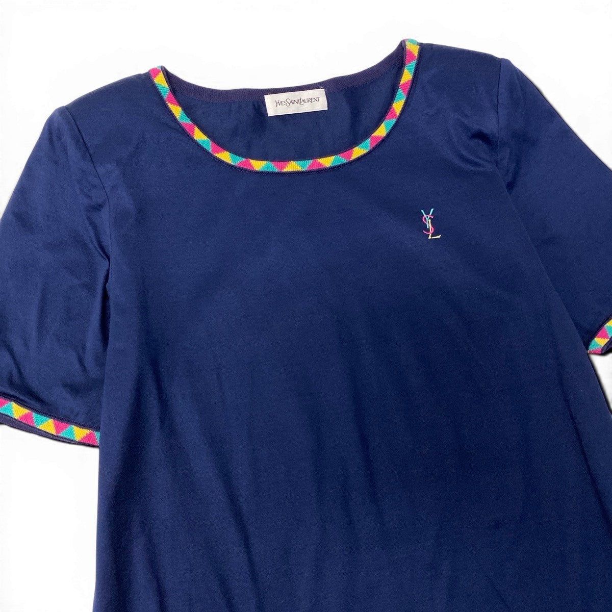 @If11 Yves Saint Laurent YSL Logo Embroidered T-Shirt Navy Size M Women’so07t
