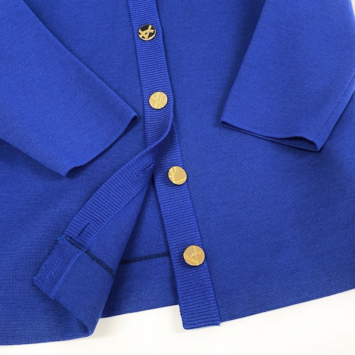 L Eh6 Yves Saint Laurent YSL Logo Gold Button Knit Cardigan Wool Size L Blue Women o07t