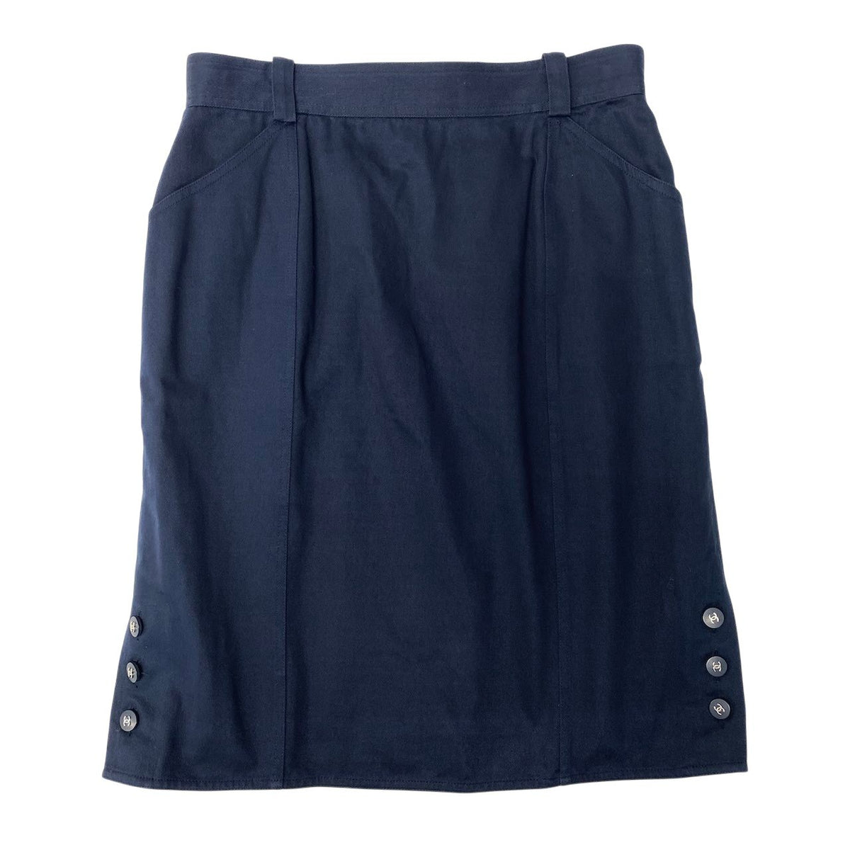 @Cd2 CHANEL Knee-Length Pencil Skirt Size 42 Navy Cotton 100% Coco Mark Button Women's Franceu02t