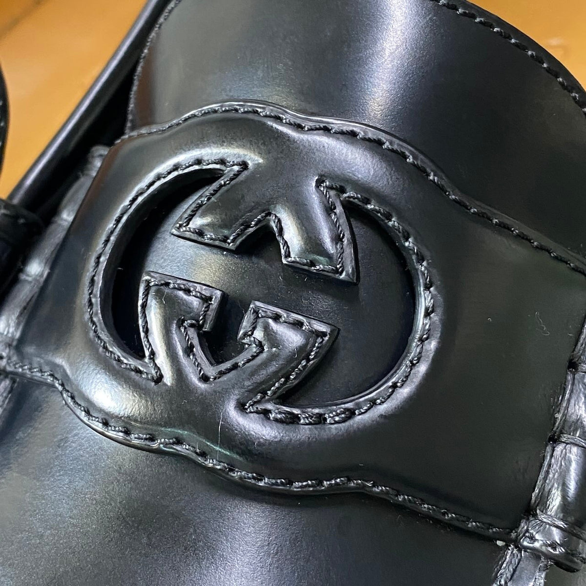 @e4 GUCCI Interlocking GG Logo Loafers Black Leather Slip On Dress Shoes 738470 Size 8.5 Men’s Italyo07t