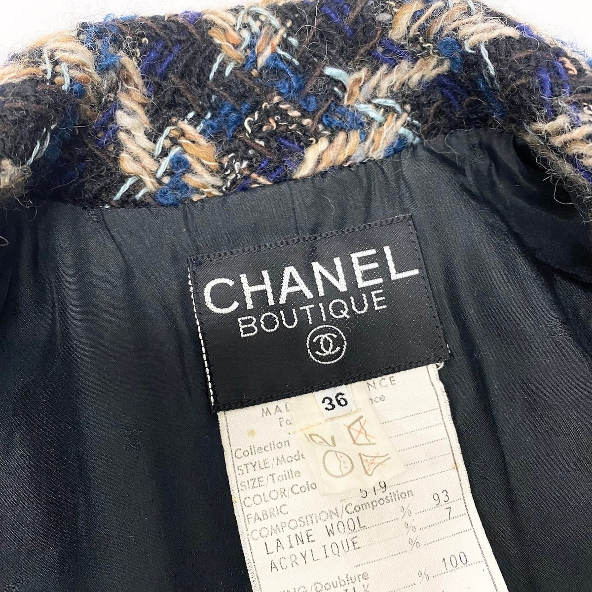 @C CHANEL Vintage 90s Skirt Suit Set Black Tweed Blue Plaidnu1