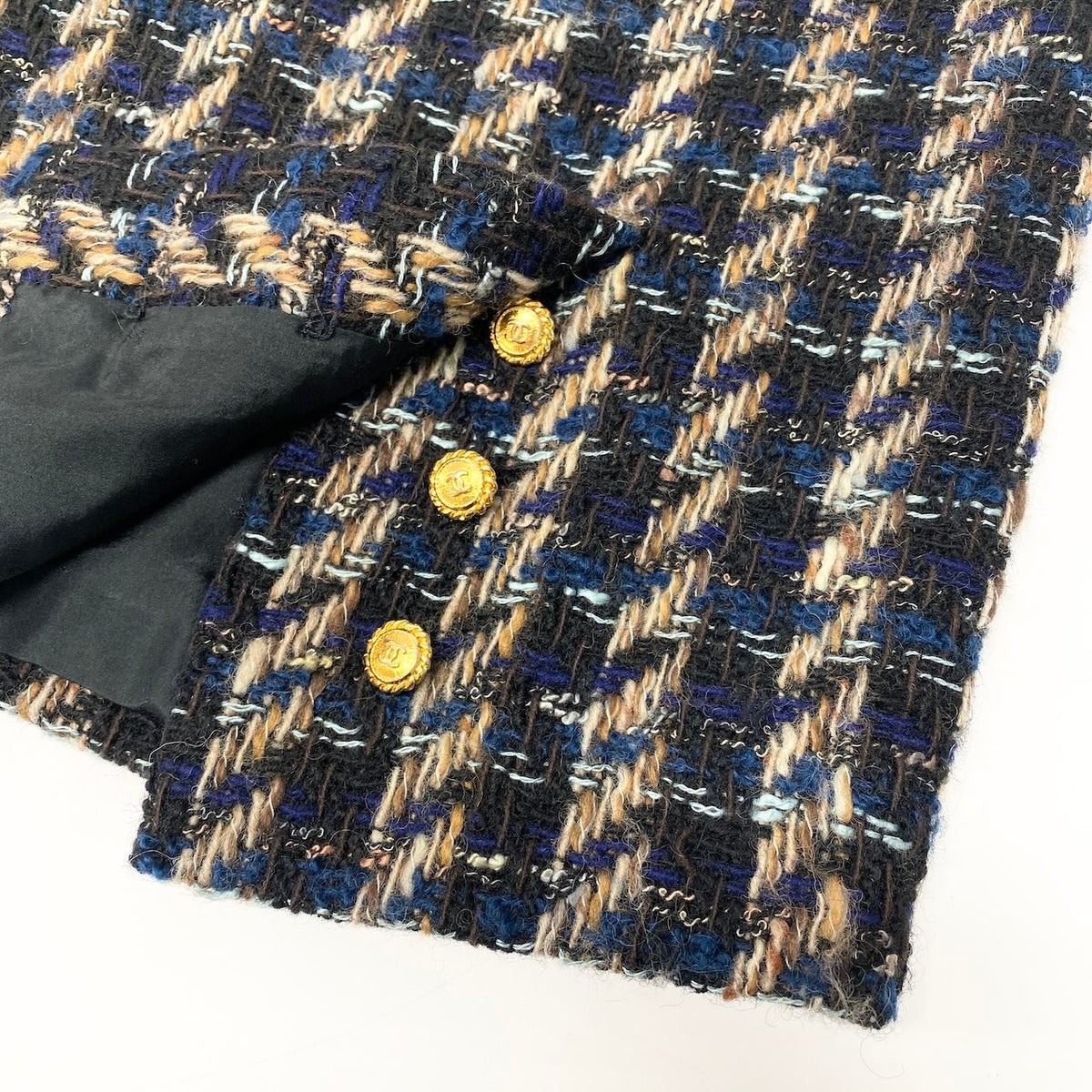@C CHANEL Vintage 90s Skirt Suit Set Black Tweed Blue Plaidnu1