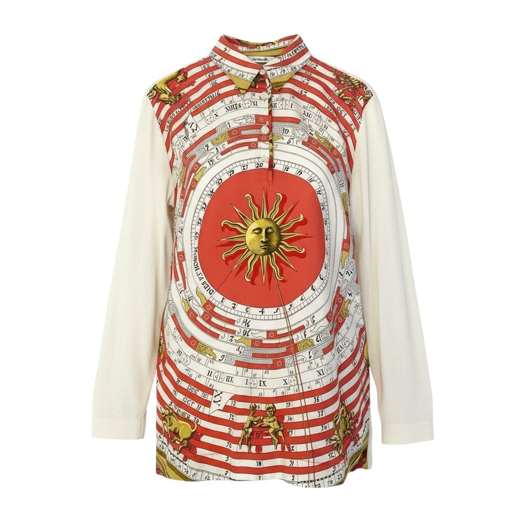 @ S Ia16 HERMES Dies et Hore Silk Long Sleeve Polo Whiteo07t