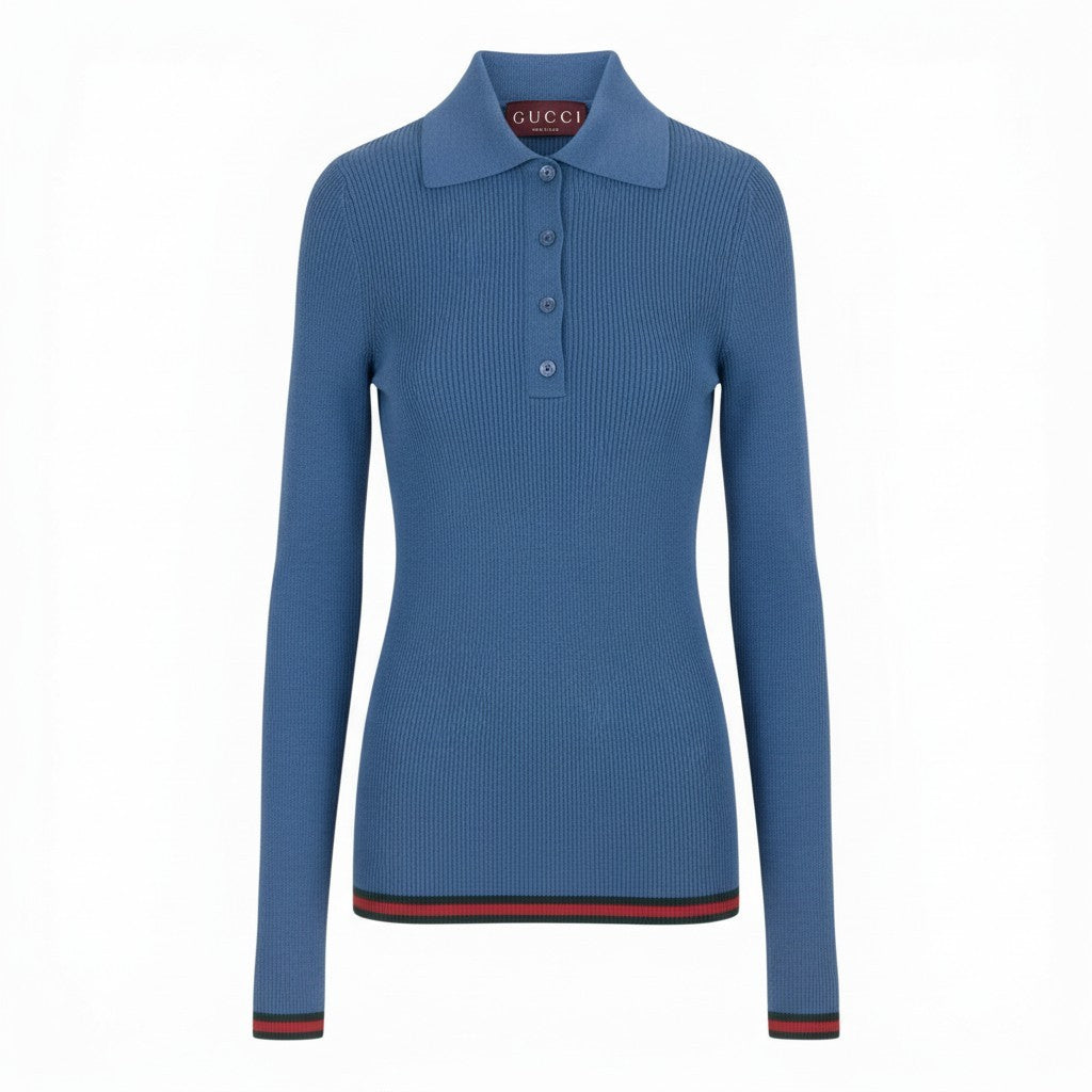 I@ Ab13 GUCCI 2026 Cashmere Silk Polo Knit Blue XS Web Stripe Womenta1